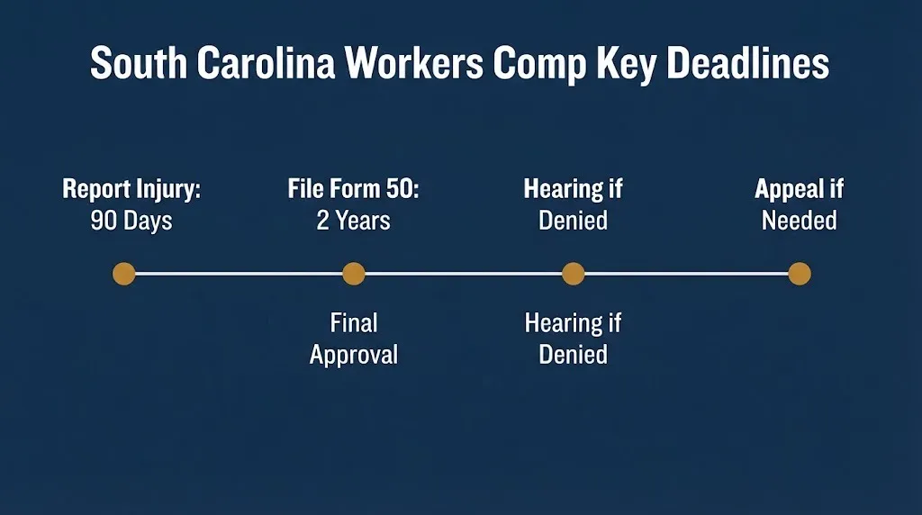 South Carolina workers comp timeline showing 90-day reporting and 2-year filing deadlines.
