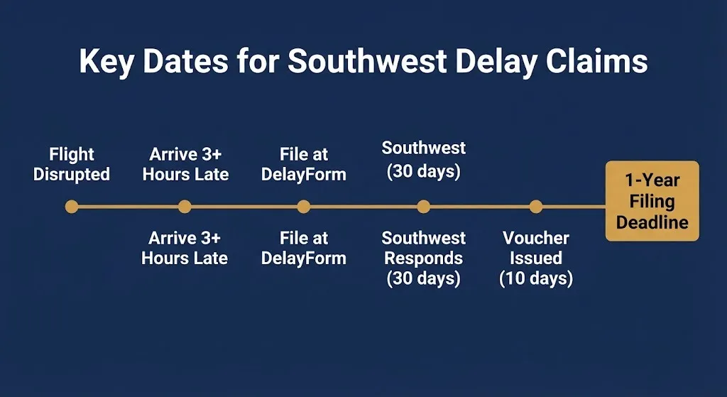Southwest 3 hour delay compensation timeline showing key filing and response dates.