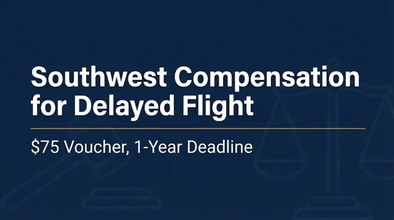 Southwest delayed flight compensation 2026 banner showing the $75 voucher and one-year deadline.