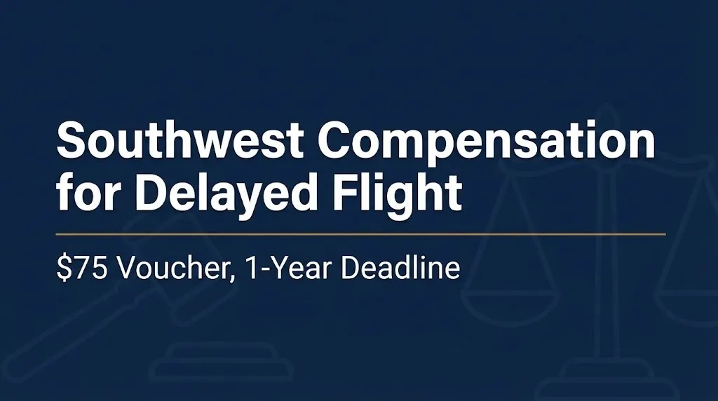 Southwest delayed flight compensation 2026 banner showing the $75 voucher and one-year deadline.