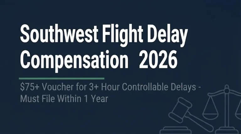 Southwest flight delay compensation 2026 banner showing $75 voucher requirement for 3+ hour delays.