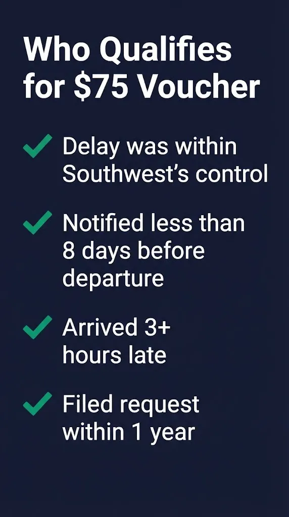 Southwest flight delay compensation eligibility checklist showing who qualifies for the $75 voucher.