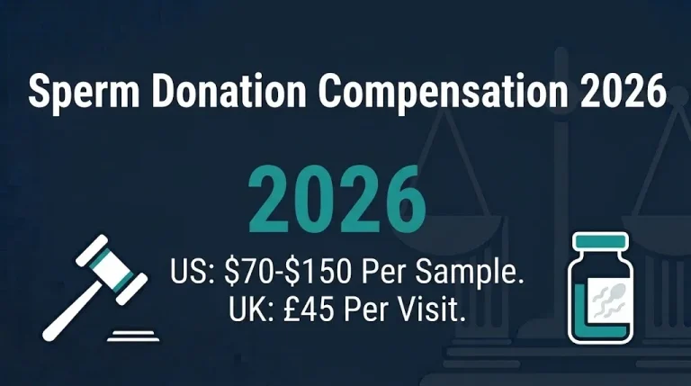 Sperm donation compensation 2026 banner showing US $70-$150 per sample and UK £45 per visit rates.