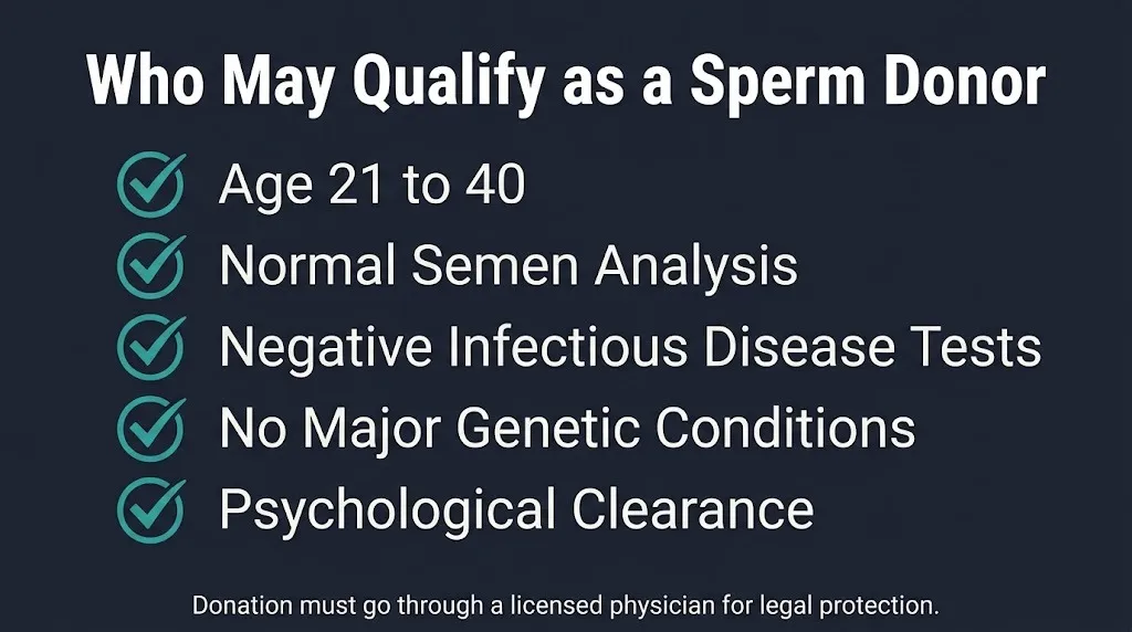 Sperm donor eligibility checklist graphic showing age, health, genetic, and psychological requirements.