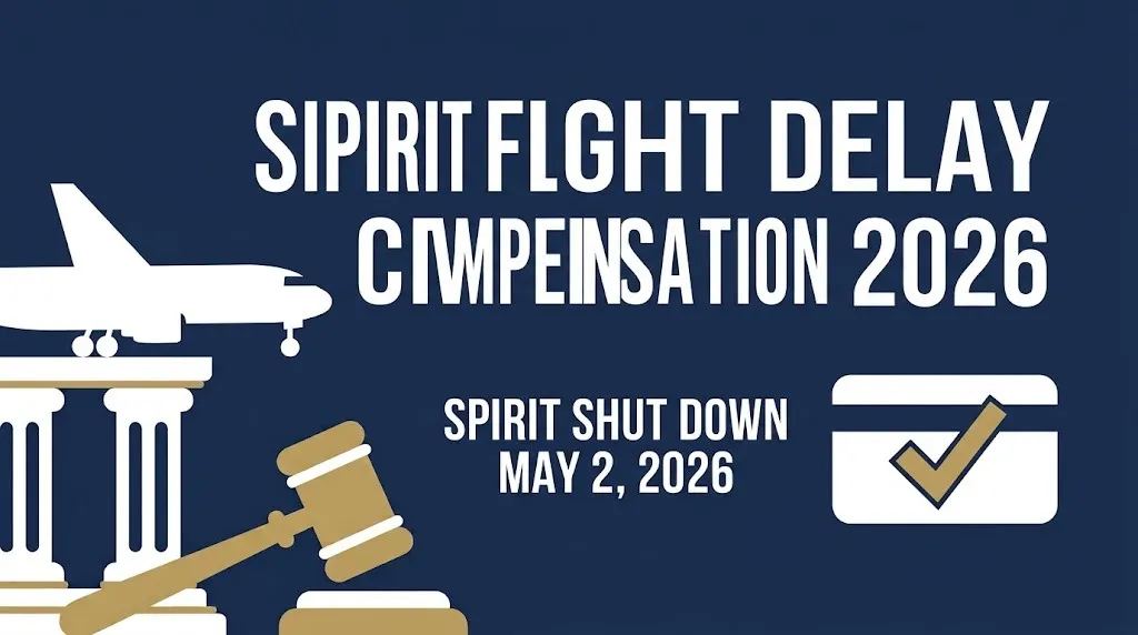 Spirit flight delay compensation 2026 banner noting Spirit Airlines shut down on May 2, 2026.