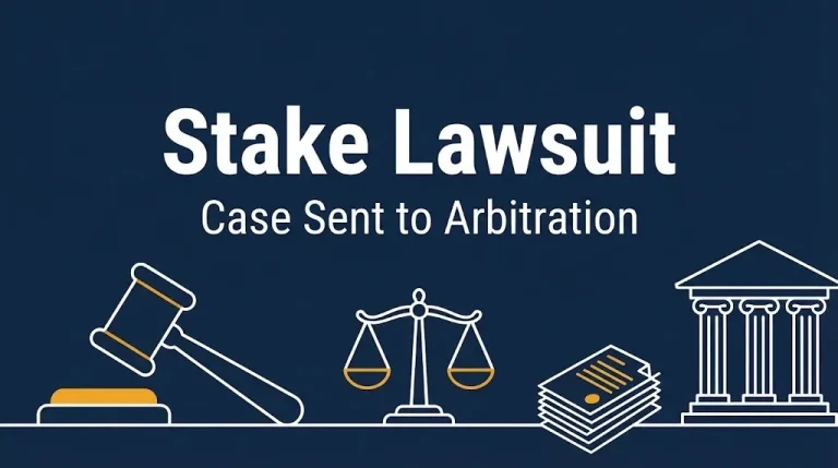 Stake lawsuit banner with gavel and scales noting the lead class action was sent to arbitration