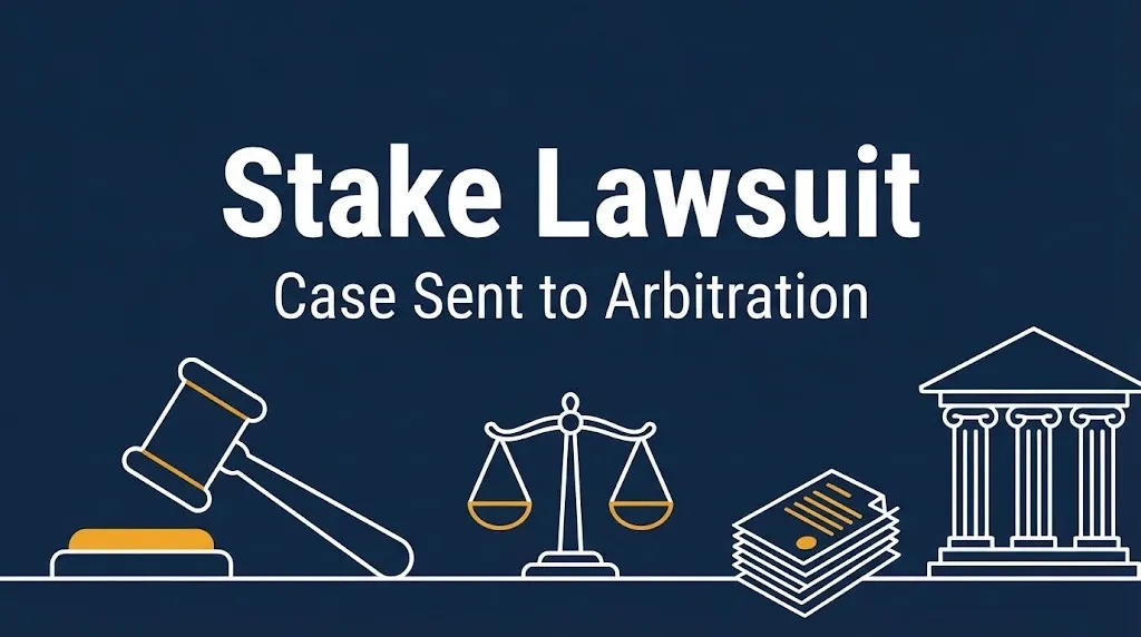 Stake lawsuit banner with gavel and scales noting the lead class action was sent to arbitration