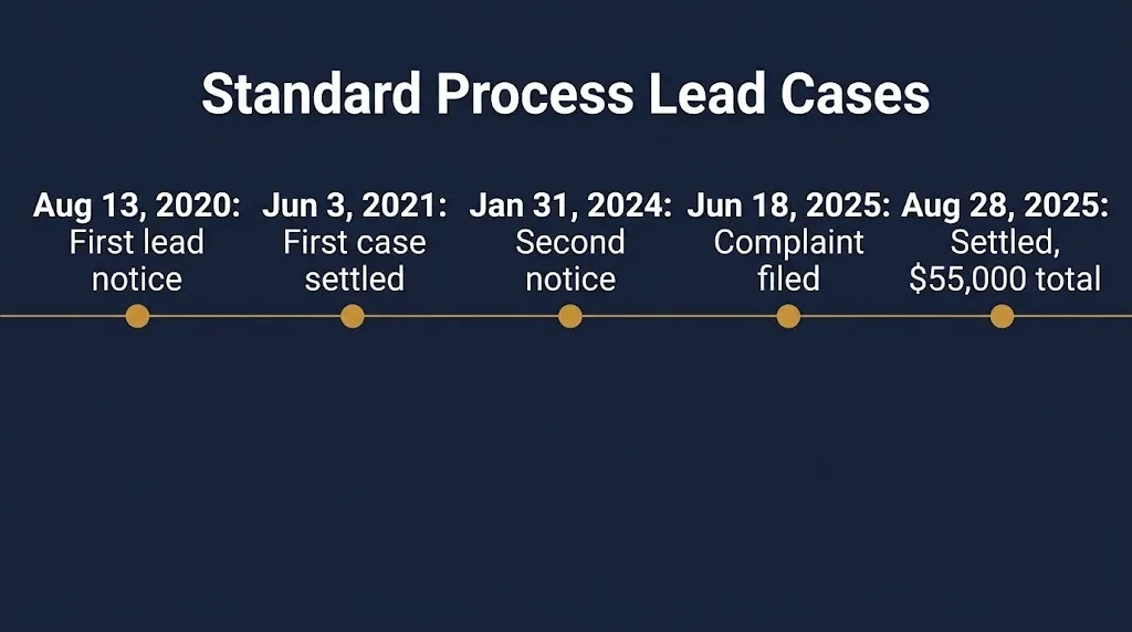 Standard Process lawsuit timeline lead notices in 2020 and 2024, settlements in 2021 and August 2025