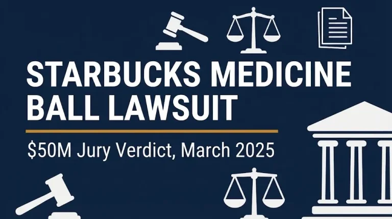 Starbucks Medicine Ball lawsuit banner showing the $50M jury verdict from March 2025