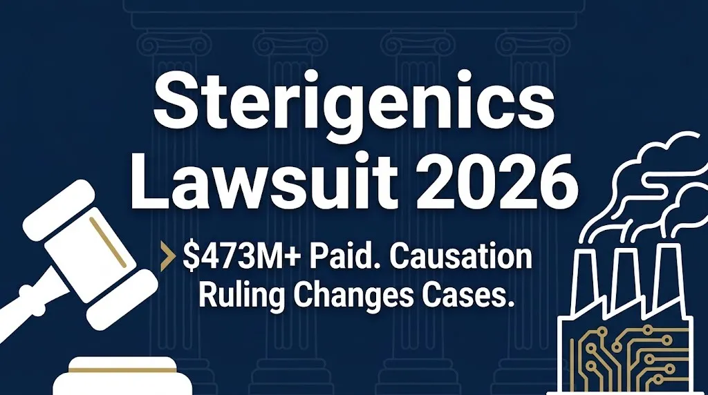 Sterigenics lawsuit 2026 banner showing $473M+ paid in settlements and causation ruling impact.