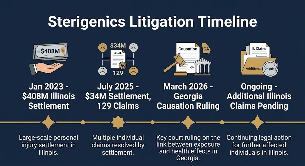 Sterigenics litigation timeline graphic showing 2023 settlement through 2026 Georgia causation ruling.