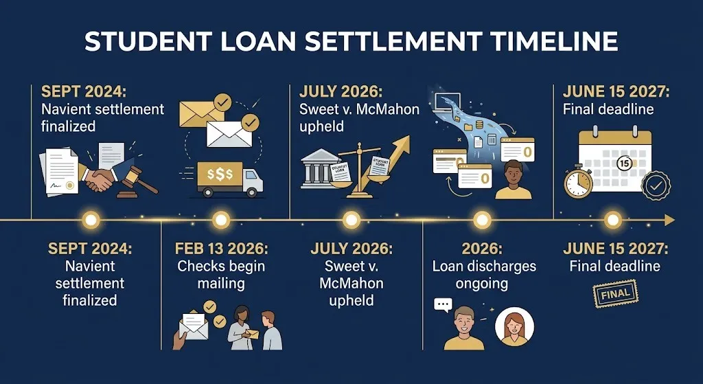Student loan settlement timeline Navient checks 2026 and Sweet discharges through 2027.