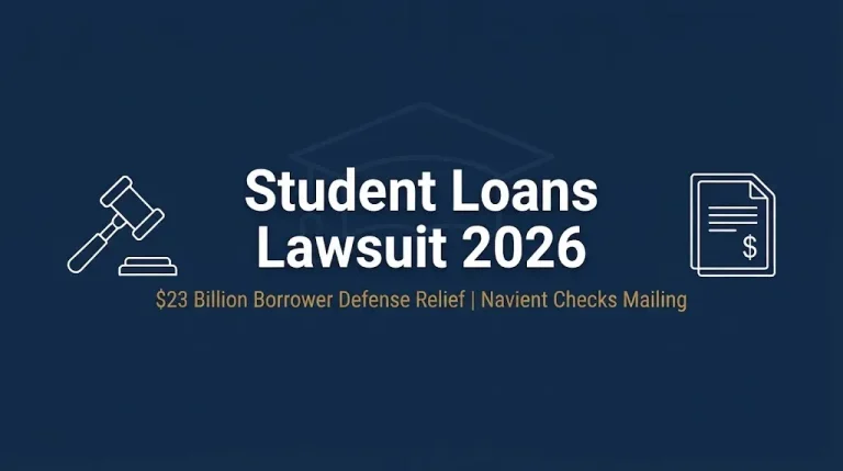 Student loans lawsuit 2026 banner showing $23 billion borrower defense relief and Navient checks.