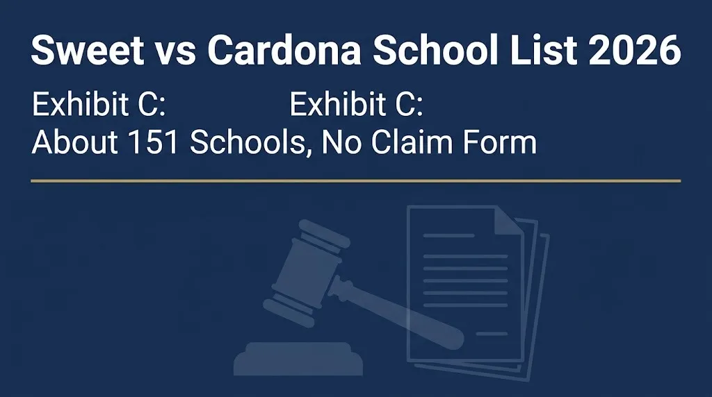 Sweet vs Cardona settlement school list 2026 banner showing Exhibit C and no claim form.