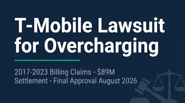 T-Mobile lawsuit for overcharging 2026 settlement banner with $89M fund and August 2026 approval date.
