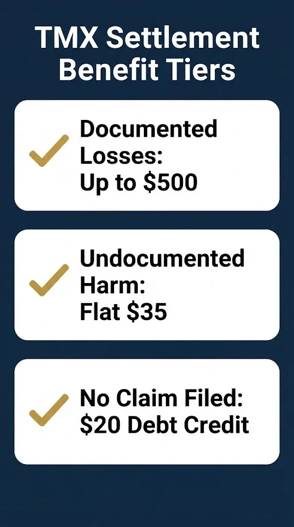 TMX data settlement benefit tiers checklist showing documented losses undocumented harm and debt credit