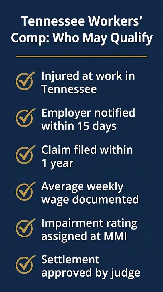 Tennessee workers' comp eligibility checklist with filing deadlines and settlement approval steps.