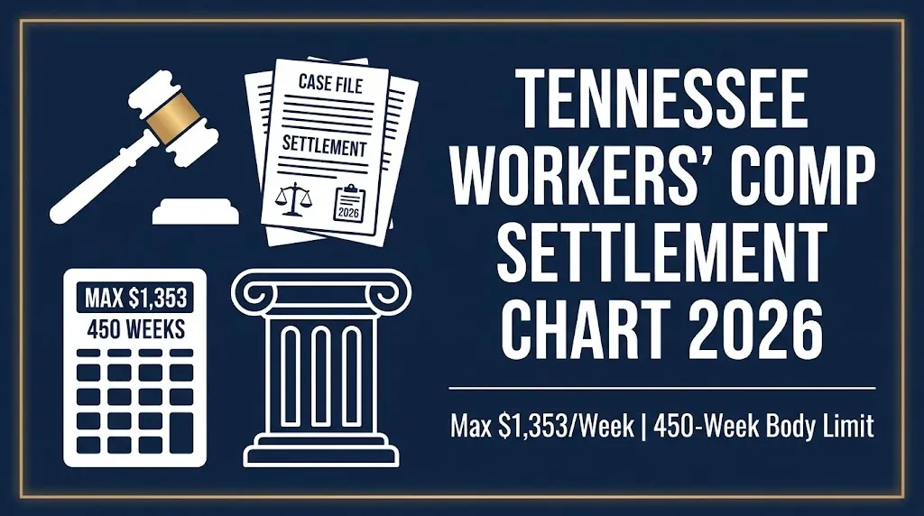 Tennessee workers' comp settlement chart 2026 banner showing $1,353 weekly max and 450-week limit.