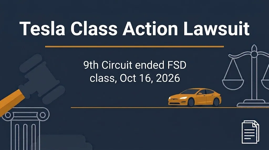 Tesla class action lawsuit banner noting the Ninth Circuit ended the FSD class on October 16, 2026