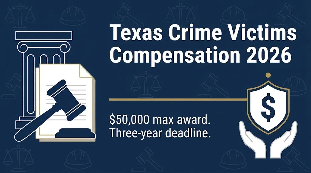 Texas crime victims compensation 2026 banner showing the $50,000 cap and three-year deadline.