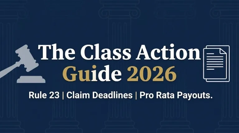 The class action guide 2026 banner showing Rule 23, claim deadlines, and pro rata payouts.