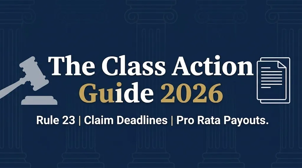 The class action guide 2026 banner showing Rule 23, claim deadlines, and pro rata payouts.