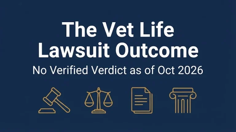 The vet life lawsuit outcome banner stating no verified verdict or settlement as of October 2026