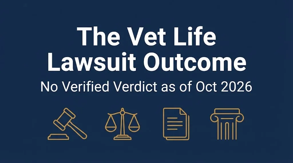 The vet life lawsuit outcome banner stating no verified verdict or settlement as of October 2026