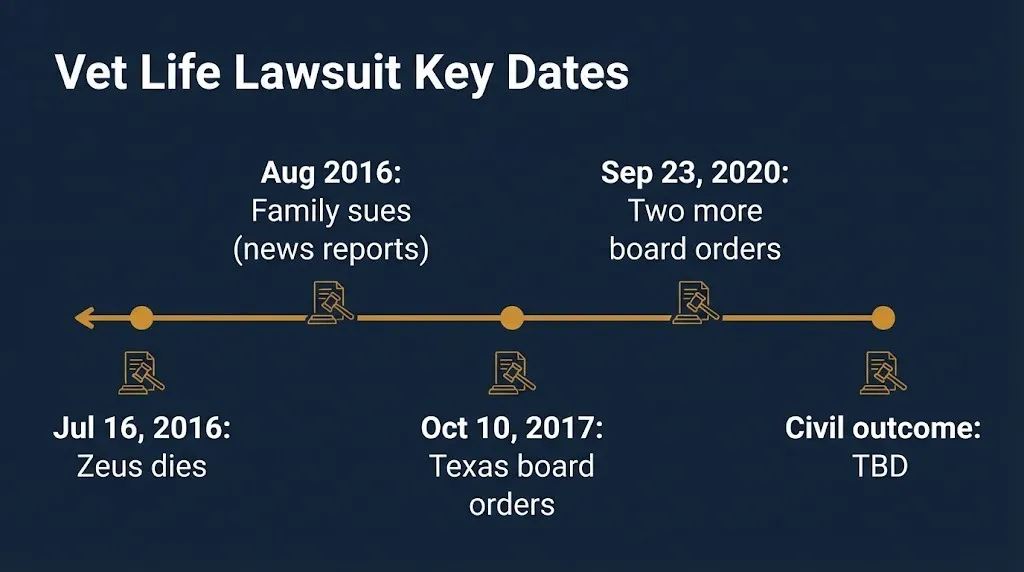 The vet life lawsuit outcome timeline from July 2016 to 2020 board orders, civil result unconfirmed