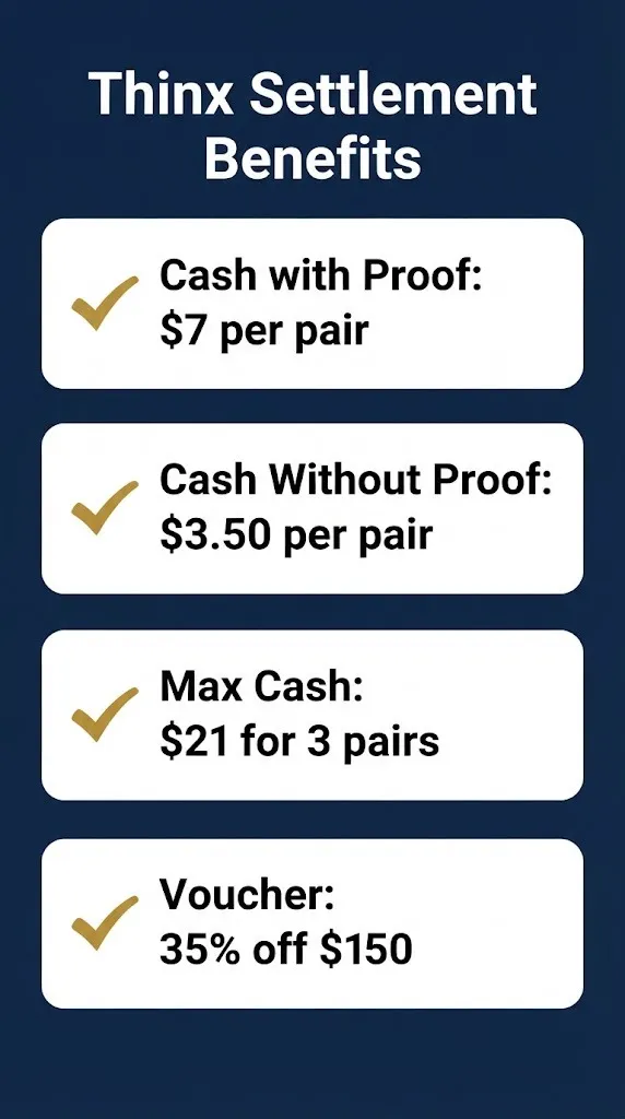 Thinx settlement benefit tiers checklist showing cash reimbursement amounts and voucher option