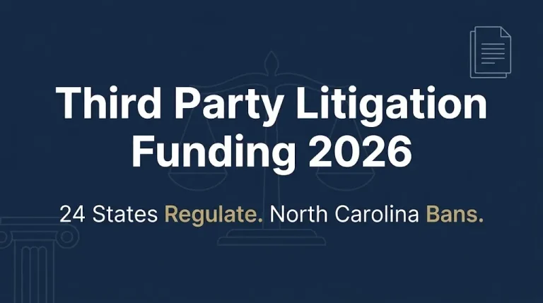 Third party litigation funding 2026 banner showing 24 states regulate and North Carolina bans.