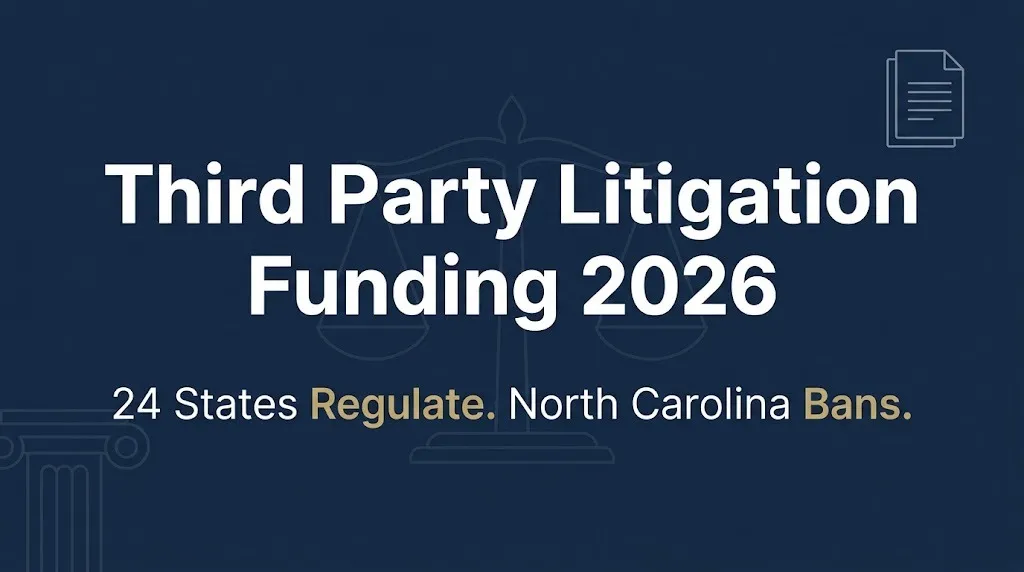 Third party litigation funding 2026 banner showing 24 states regulate and North Carolina bans.