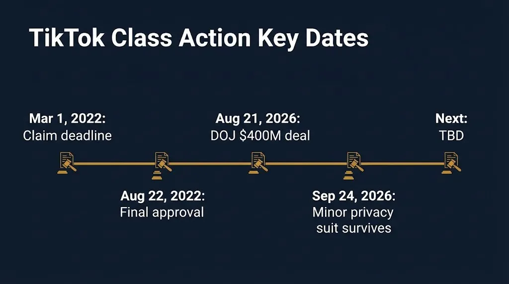 TikTok class action lawsuit timeline from the 2022 claim deadline to the September 2026 minor privacy ruling