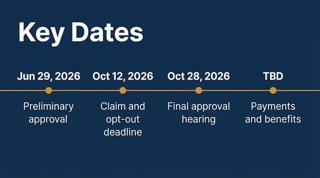 Timeline for the Jeep class action settlement June 29 approval, October 12 deadline, October 28 hearing, payments TBD