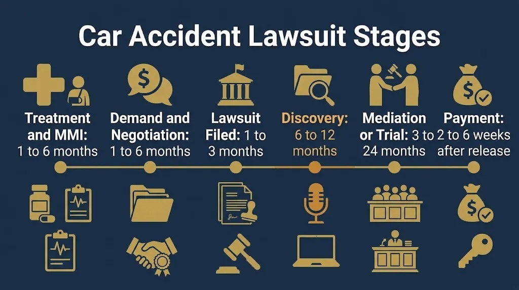 Timeline graphic showing car accident lawsuit stages from medical treatment through settlement payment in 2026.