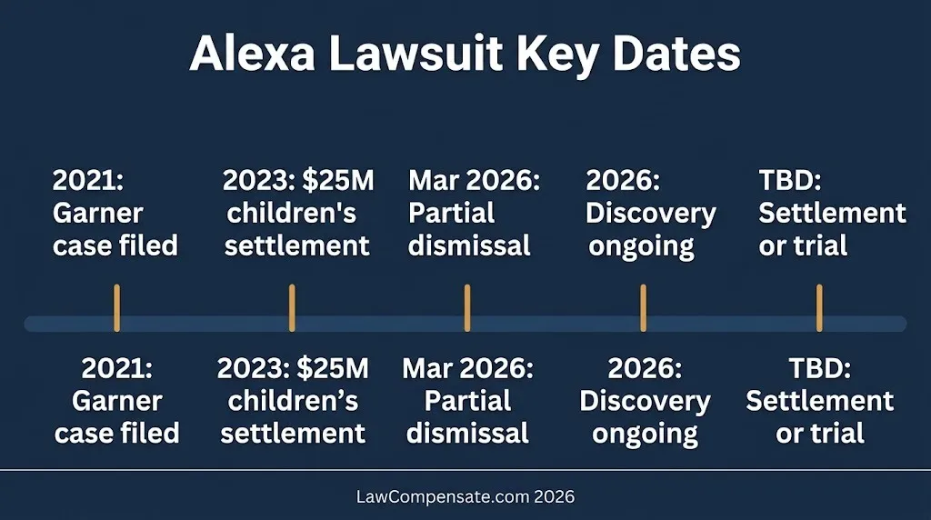 Timeline graphic showing key dates in the Amazon Alexa lawsuit from 2021 filing through 2026 partial dismissal and ongoing discovery.