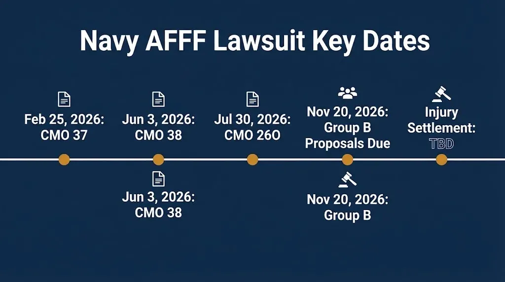 Timeline of 2026 Navy AFFF lawsuit court dates, with the injury settlement date still to be determined