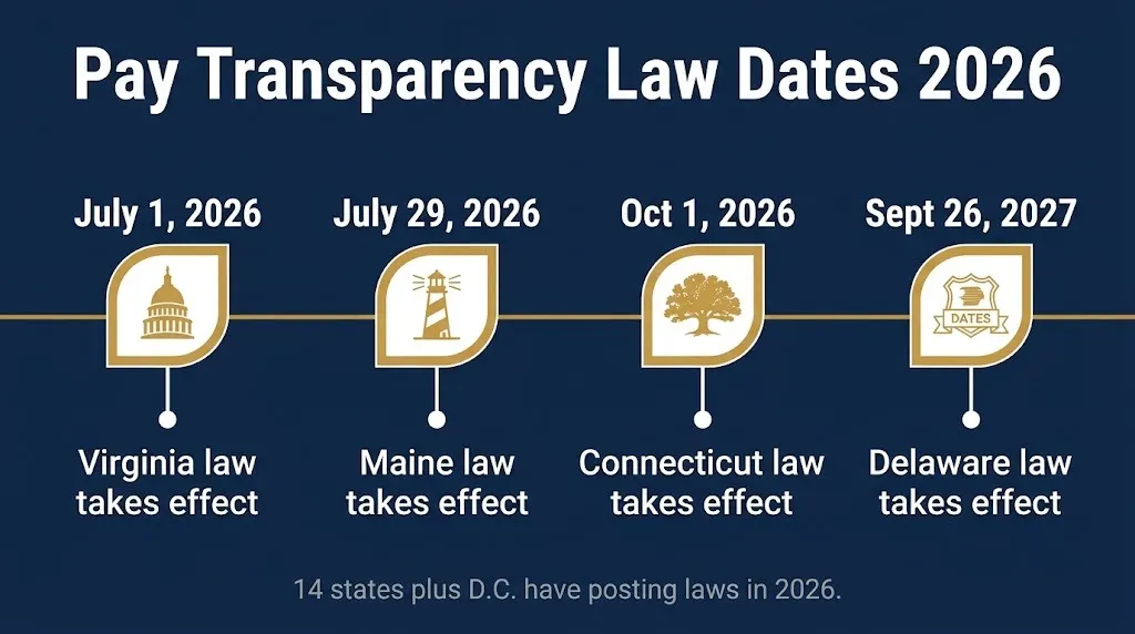 Timeline of 2026 compensation range disclosure laws in Virginia, Maine, Connecticut, and Delaware.