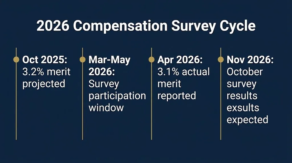 Timeline of 2026 compensation survey cycle from October projection to November results.