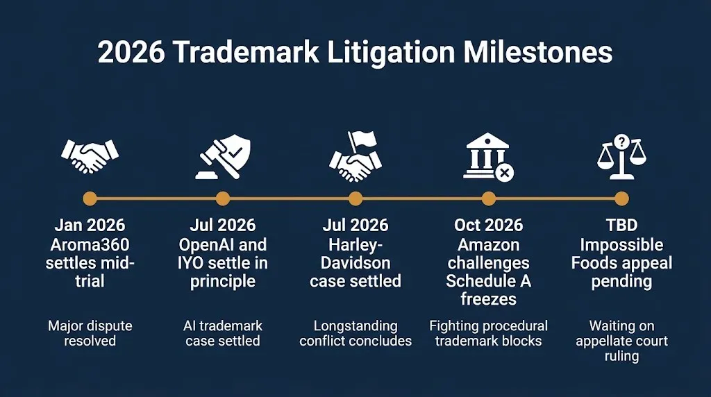 Timeline of 2026 trademark litigation milestones including settlements and Schedule A challenge.