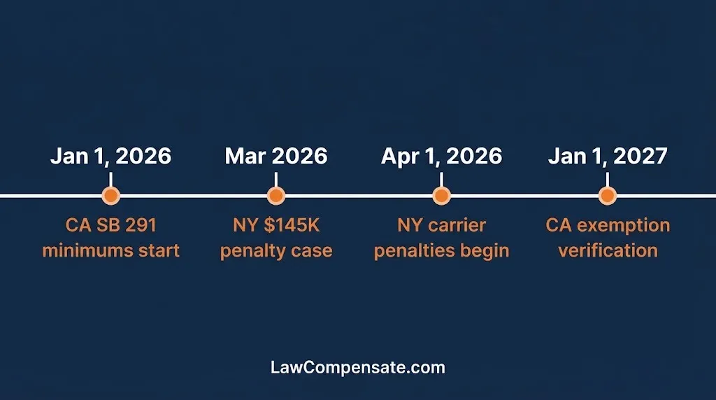 Timeline of 2026 workers compensation insurance penalty changes including California SB 291 and New York enforcement.
