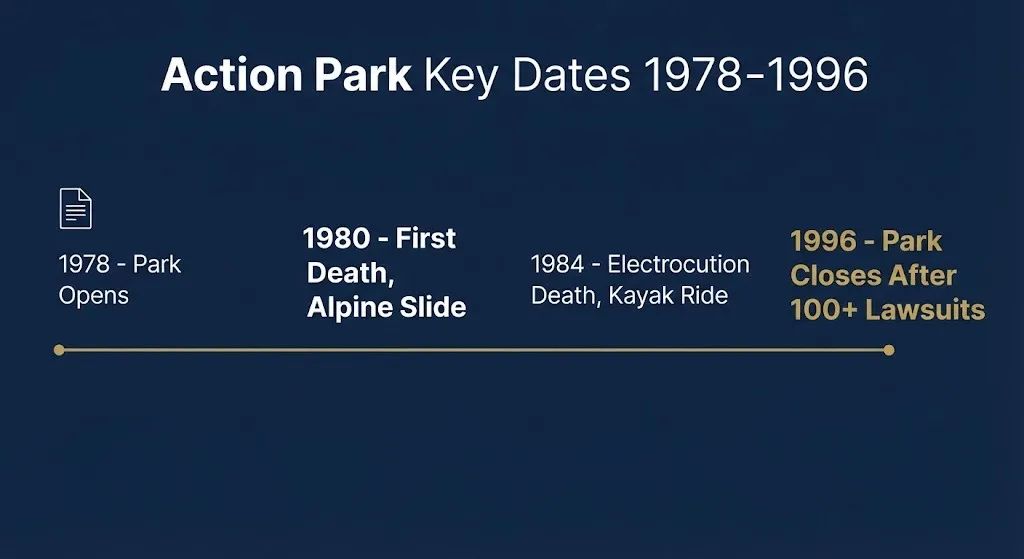 Timeline of Action Park history from 1978 opening to 1996 closure after lawsuits.