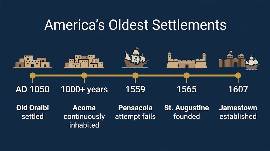 Timeline of America's oldest settlements showing Acoma, Oraibi, Pensacola, and St. Augustine dates
