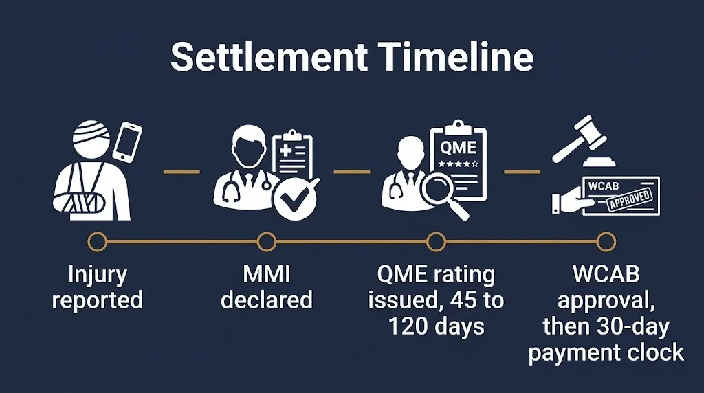 Timeline of California workers comp settlement stages from injury to payment deadline.