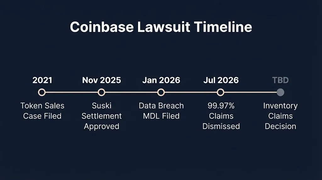 Timeline of Coinbase lawsuits from 2021 token sales case through 2026 dismissal and settlement.