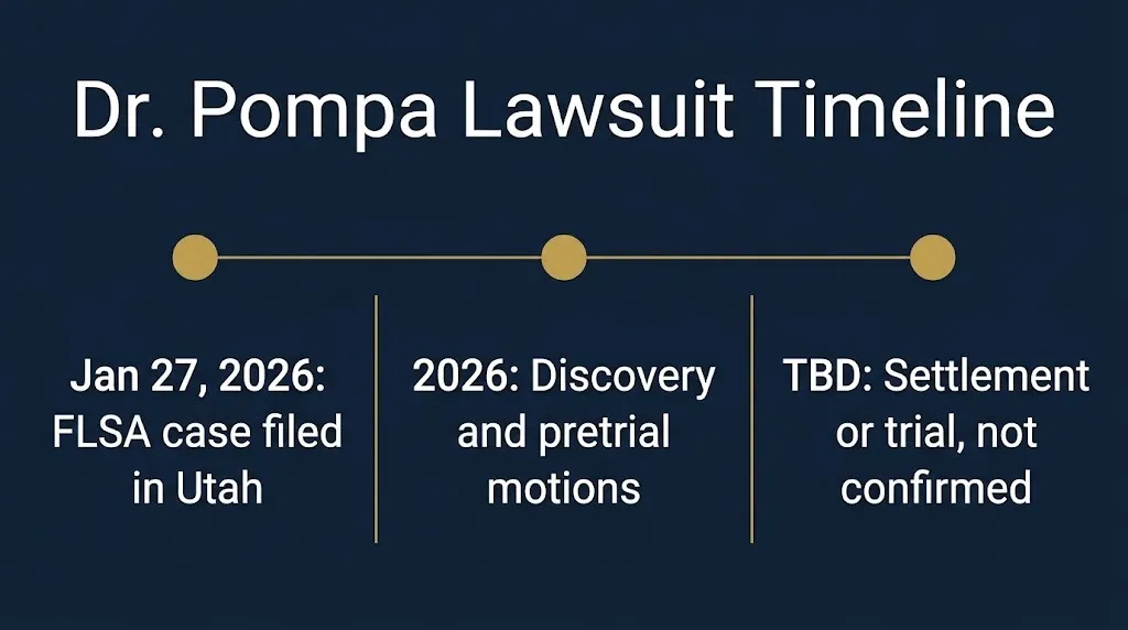 Timeline of Dr. Pompa lawsuit showing January 2026 filing and pending next stages.