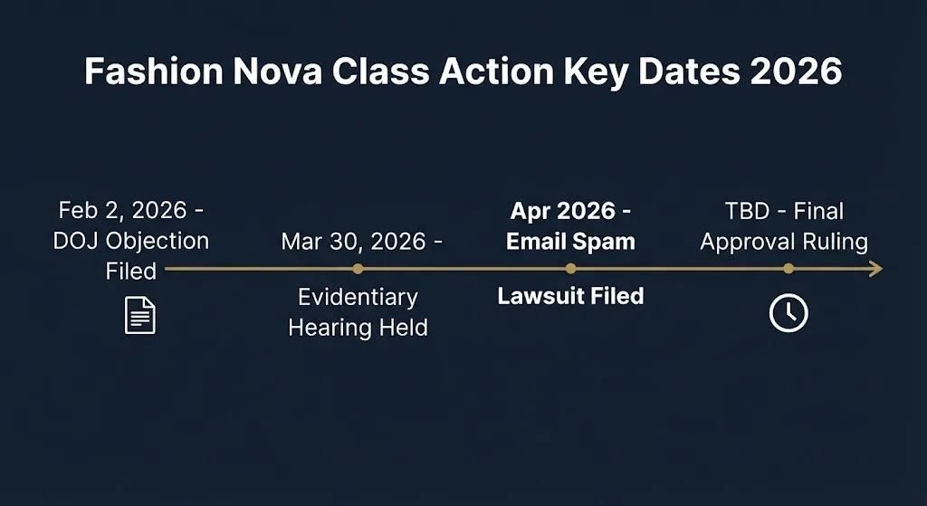 Timeline of Fashion Nova class action lawsuit events in 2026 including DOJ objection and new cases.