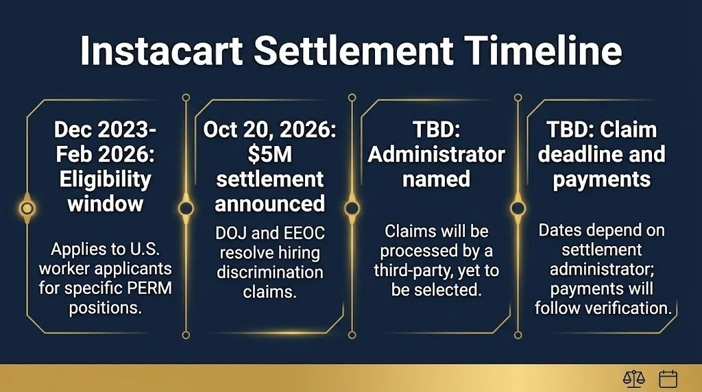 Timeline of Instacart settlement from eligibility window to pending claim deadline.