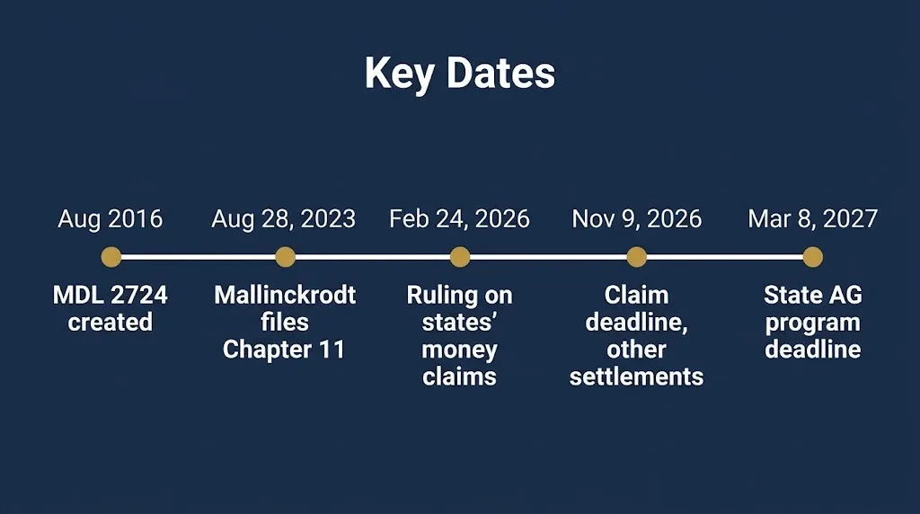 Timeline of Mallinckrodt Adderall lawsuit related dates, including the November 9, 2026 claim deadline.