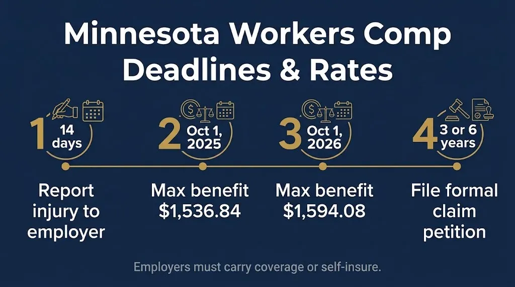 Timeline of Minnesota workers compensation deadlines and 2026 maximum weekly benefit rates.